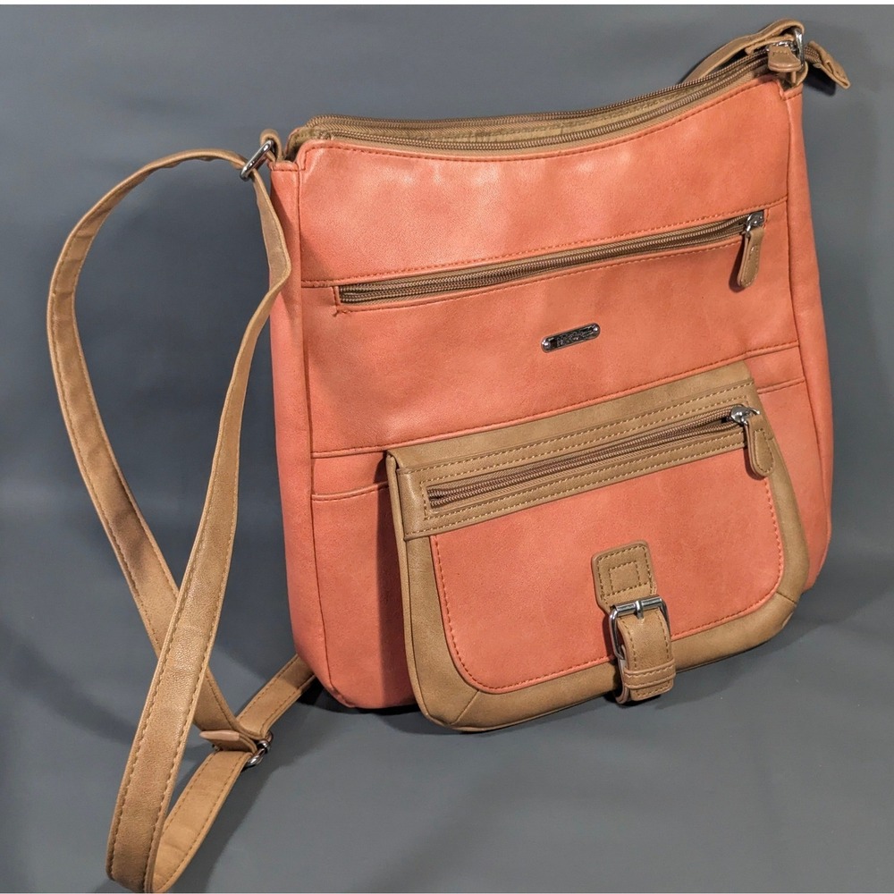 MultiSac Coral and Tan Vegan Leather Organizer Crossbody Bag Adjustable Strap